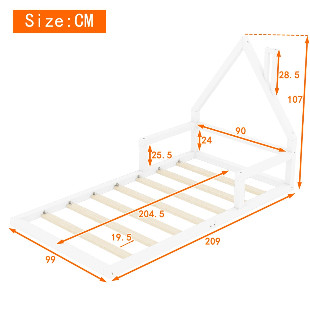 Letto per bambini bianco a forma di casa in legno di pino massello 90x200 cm