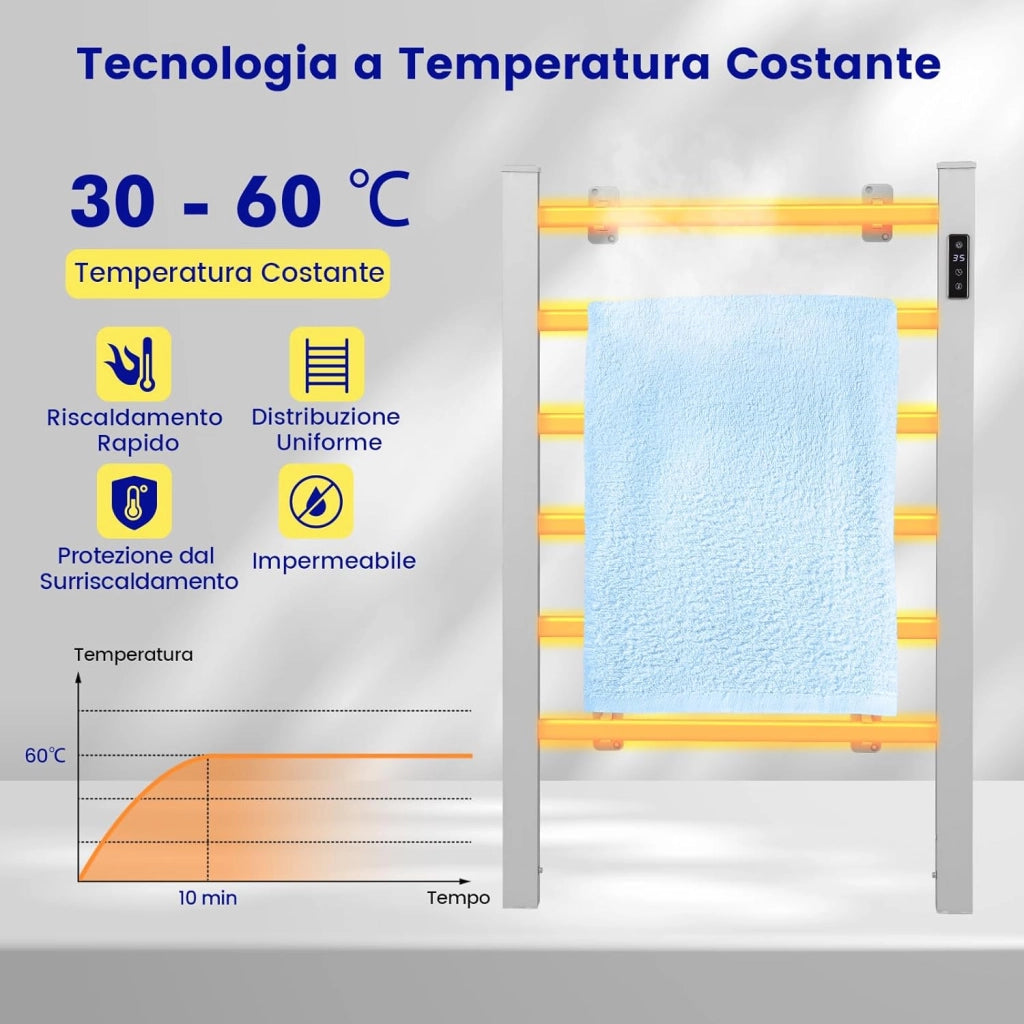 COSTWAY Scaldasalviette Riscaldato, con 6 Barre Riscaldate e Timer, Scaldasalviette Elettrico con Display LED Protezione Contro Surriscaldamento e Costante della Temperatura, in Alluminio