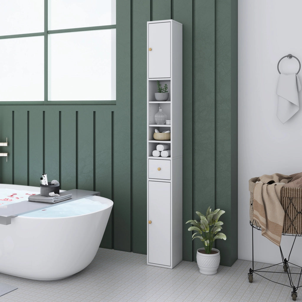 Colonna Bagno Salvaspazio con 2 Armadietti, 3 Ripiani Aperti e Cassetto, in Legno, 20x20x178 cm, Bianco