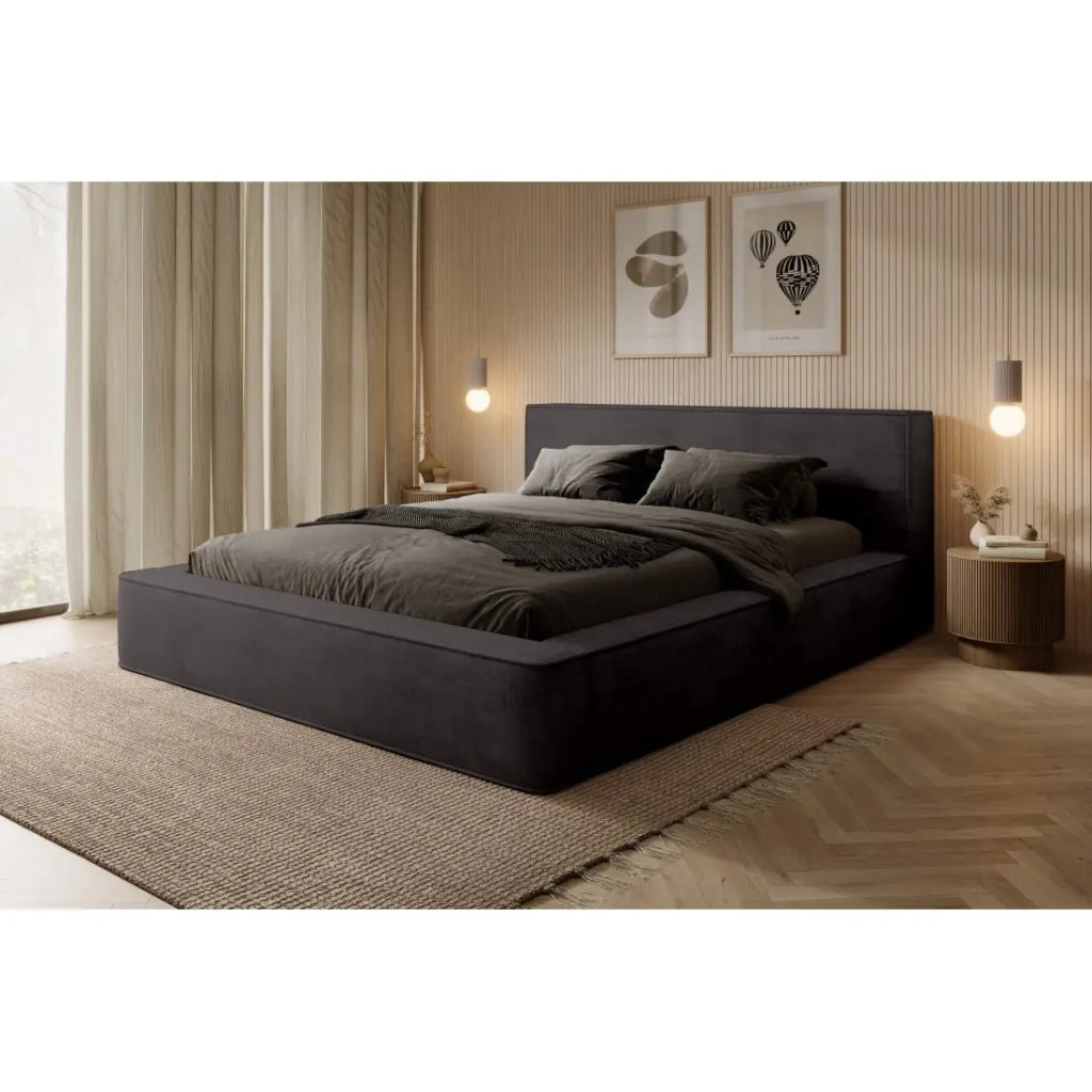 Letto contenitore VELORA – Grigio antracite – 140x200 cm – Tessuto velluto morbido – Rete sollevabile – Spazio di stoccaggio integrato