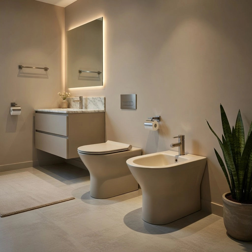Sanitari filomuro FEELING Rak Ceramics: WC, bidet, copriwater soft-close Beige Opaco