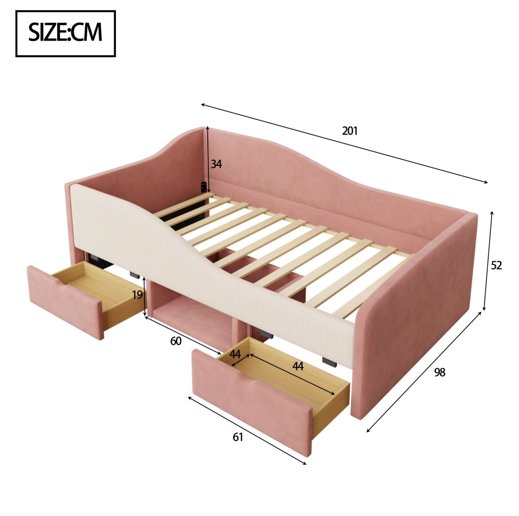 Letto imbottito 90x190 cm con sponde e cassetti in velluto rosa e bianco
