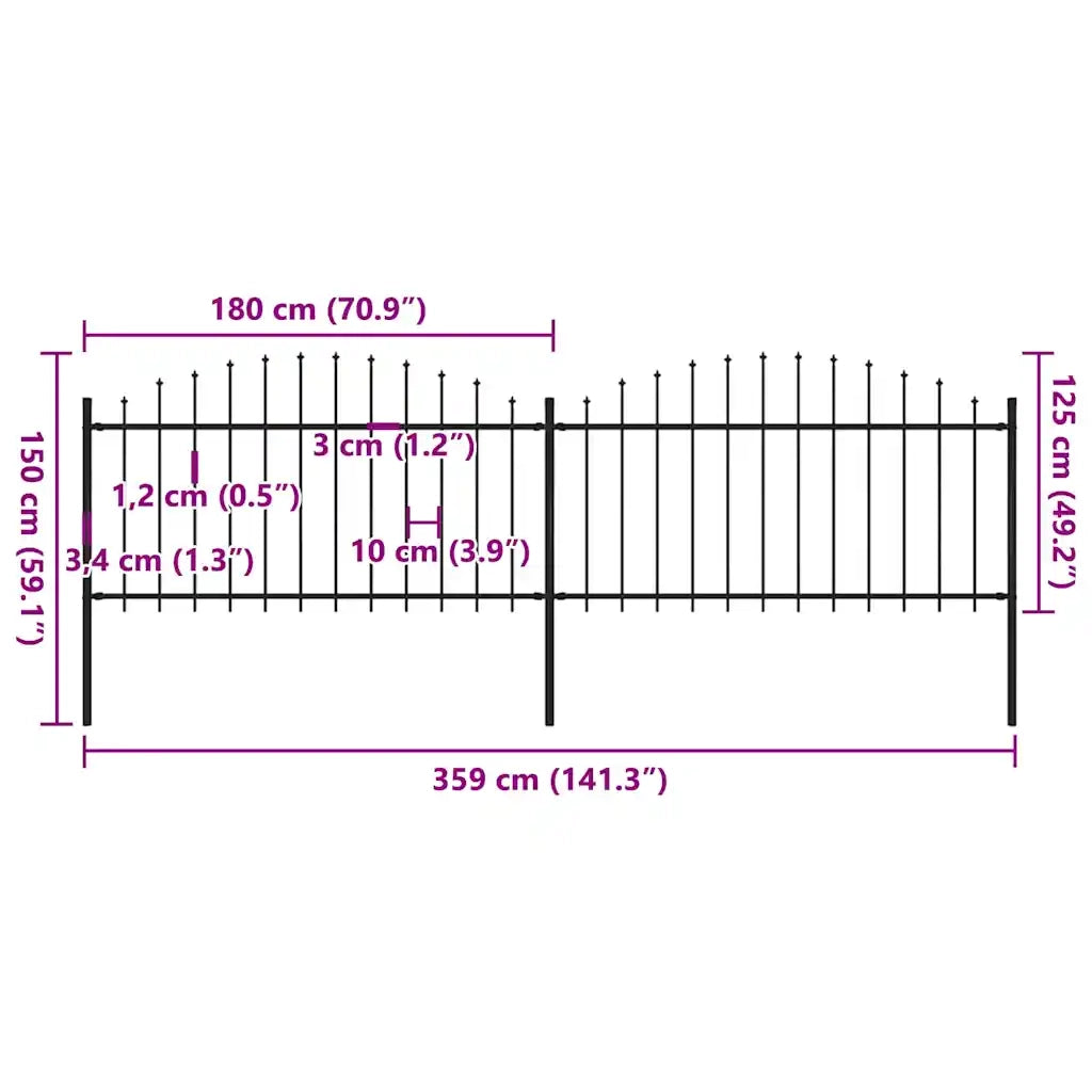 Recinzione Giardino Punta a Lancia (1,25-1,5)x3,4m Acciaio Nero
