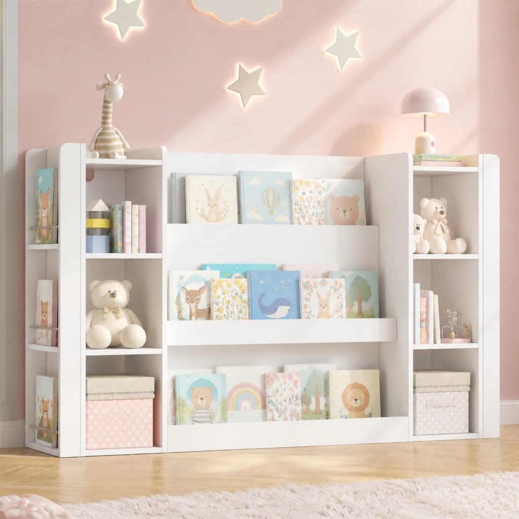 Libreria per bambini con ripiani aperti e angoli arrotondati in MDF bianco