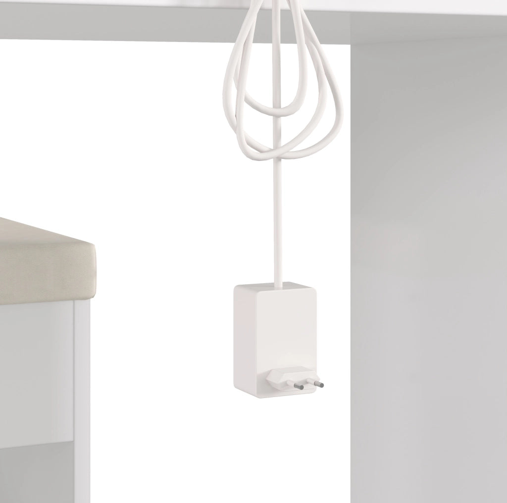 Tavolo da toeletta 131.5x40x140 cm con specchio LED; 8 cassetti e hocker; MDF e vetro; bianco
