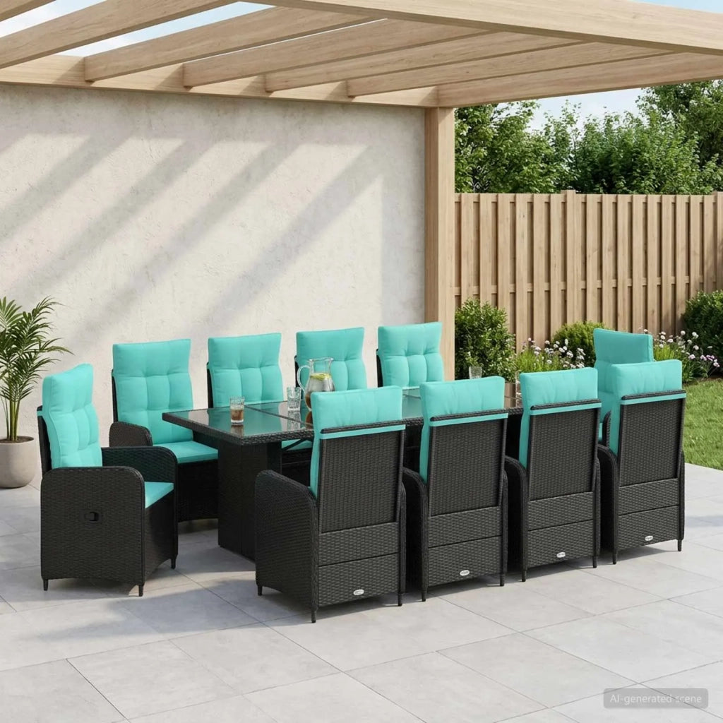 Set da pranzo per esterni 11 pz Nero e Turchese polyrattan 3422387
