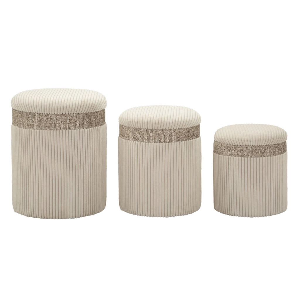 Set 3 pouf contenitore Cortina in poliestere crema Ø40x49, Ø35x42 e Ø31x38 cm