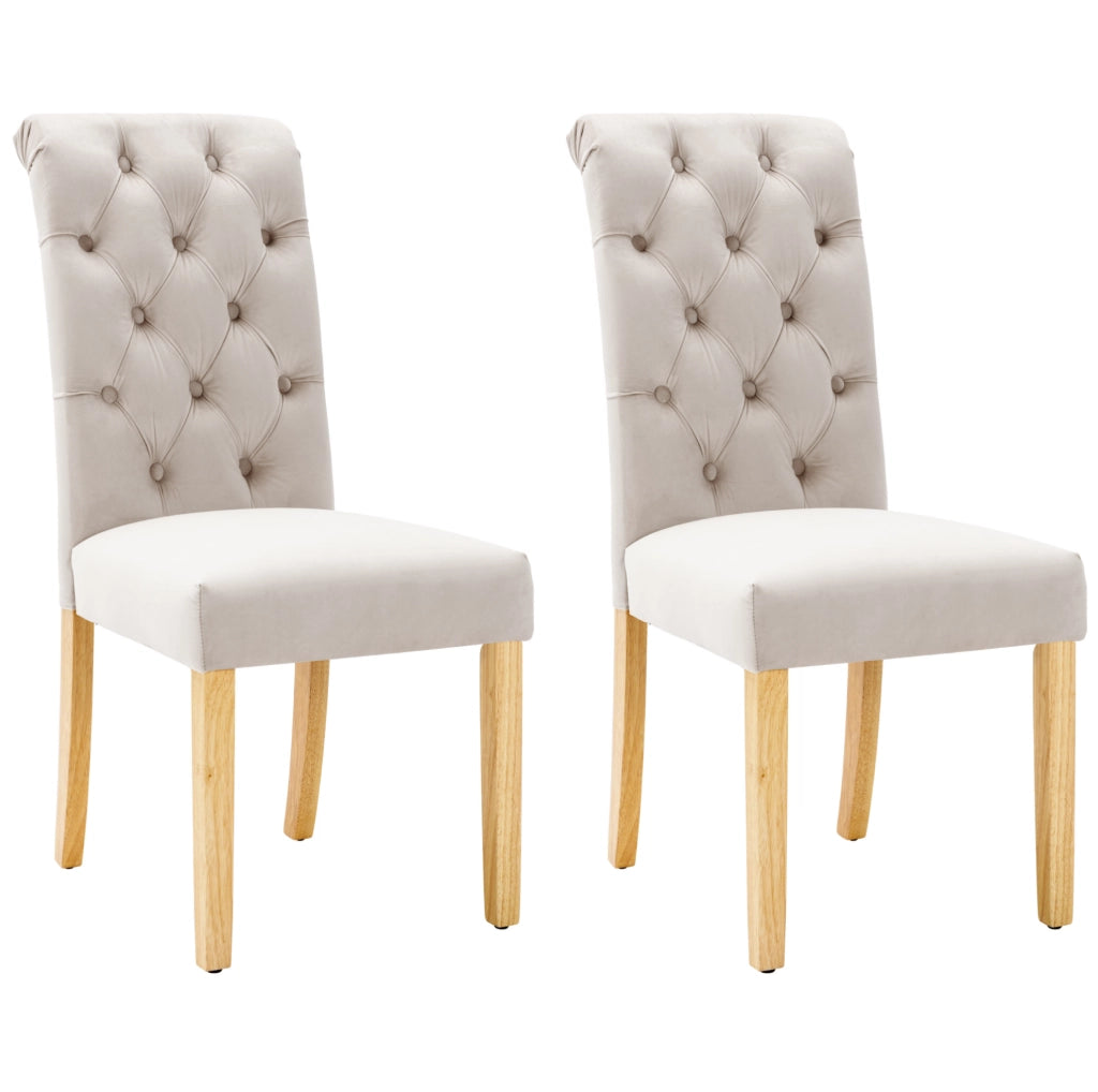 Set di 2 sedie da pranzo moderne in velluto beige con gambe in legno di quercia