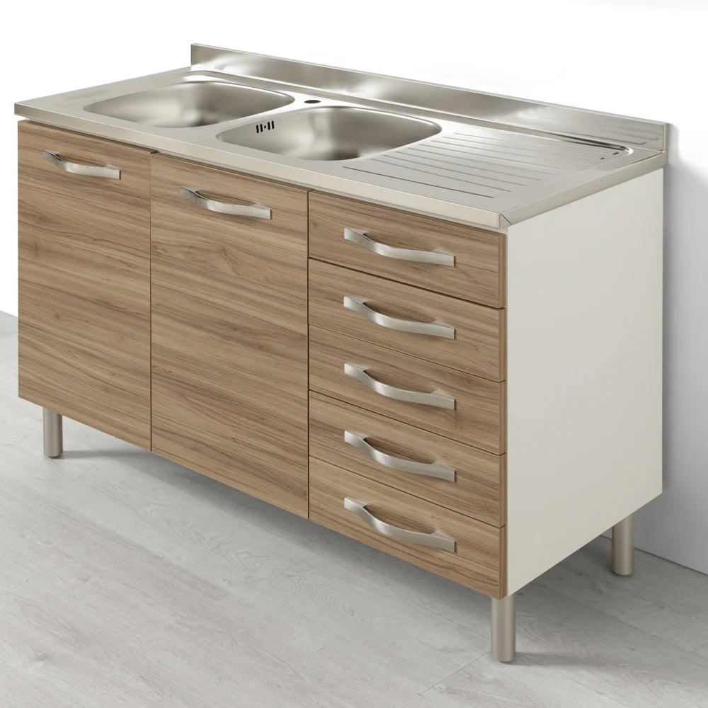 Sotto lavello per cucina componibile da 120 cm con due ante e 4 cassetti (+1 estetico) linea MAKA, realizzata in legno 100% MADE IN ITALY, colore Noce, Vs SX