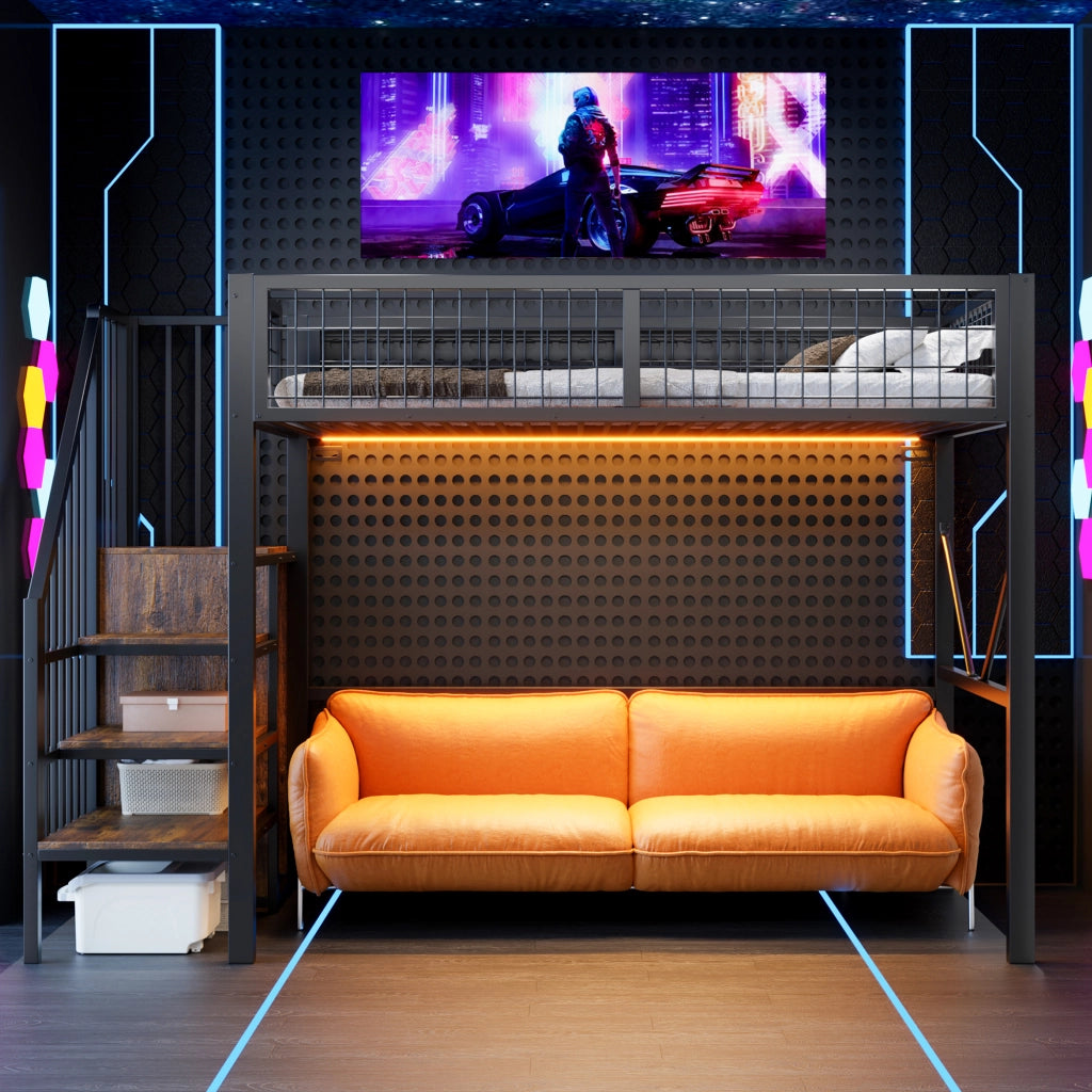 Letto a soppalco 90 × 200 cm 1 posto con scala contenitore, LED e barriera, senza materasso, nero