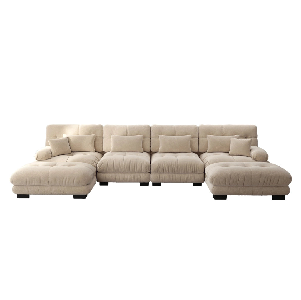 Divano modulare angolare a forma di U in chenille vintage marrone chiaro, 4 posti con pouf mobile