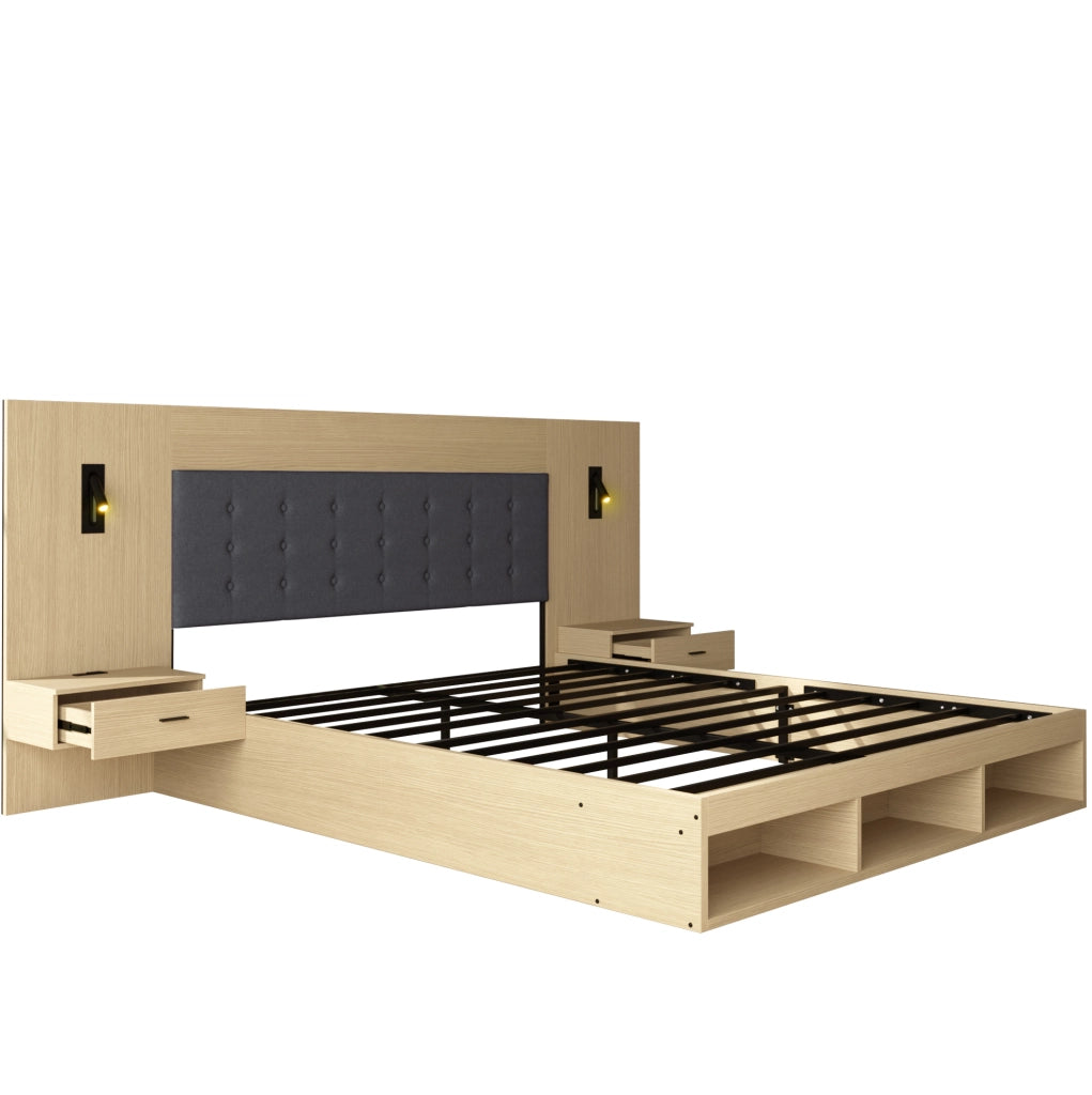 Letto matrimoniale 160x200 cm con USB C; LED e 2 comodini; MDF rovere chiaro