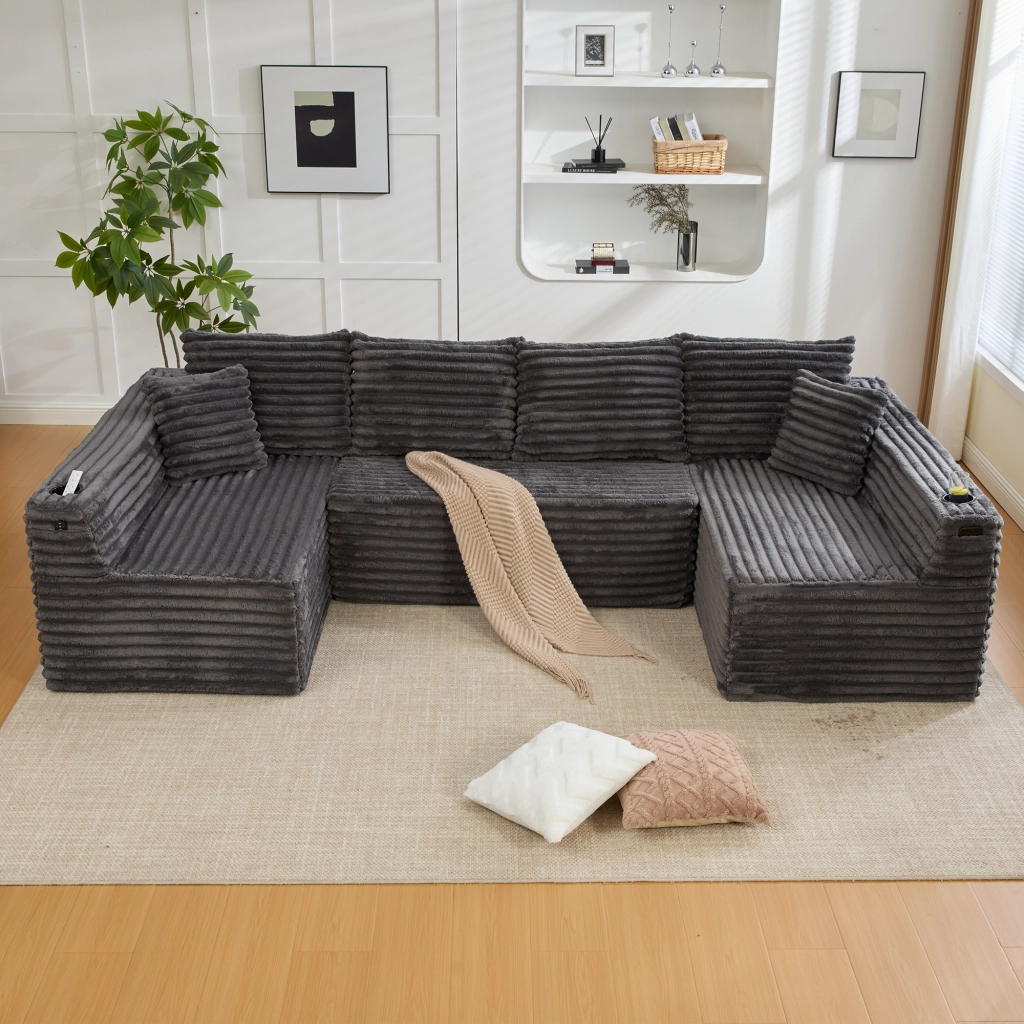 DIVANO modulare a U 320x155x88 cm in corduroy grigio scuro