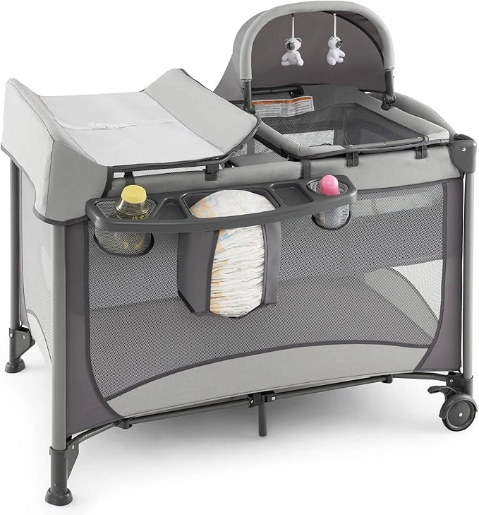Lettino da Campeggio con Materasso, Lettino Pieghevole per Bambini con Fasciatoio, Culla da Viaggio con Ruote, Giocattolo, Lettino Bambini Staccabile, per Bambini 0-36 Mesi (Grigio)