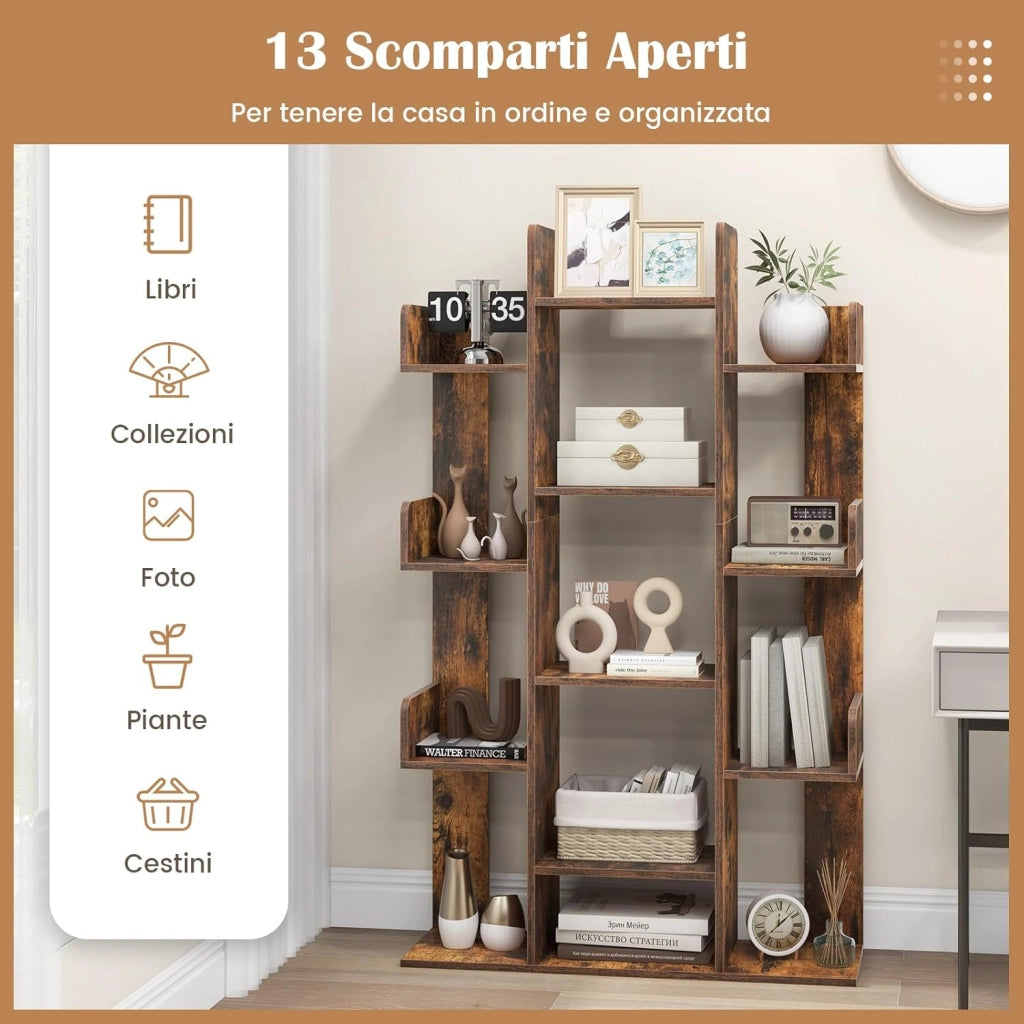 Libreria a Forma di Albero, Scaffale Multiuso con 13 Ripiani Aperti, Scaffale Decorativo Autoportante a Cubo per Soggiorno Studio o Ufficio, 86x24,5x141 cm (Marrone)
