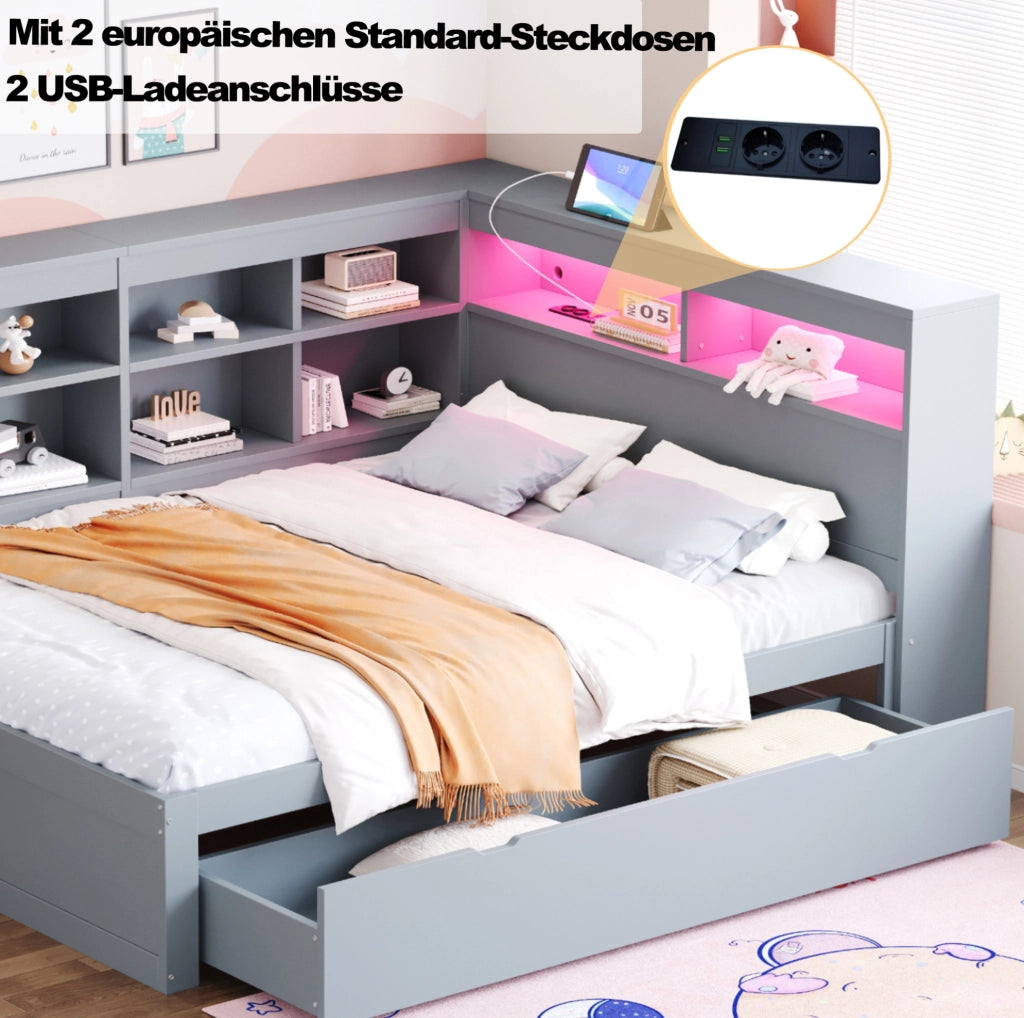 Letto matrimoniale multifunzione 140x200 cm in legno grigio con contenitori; USB e LED