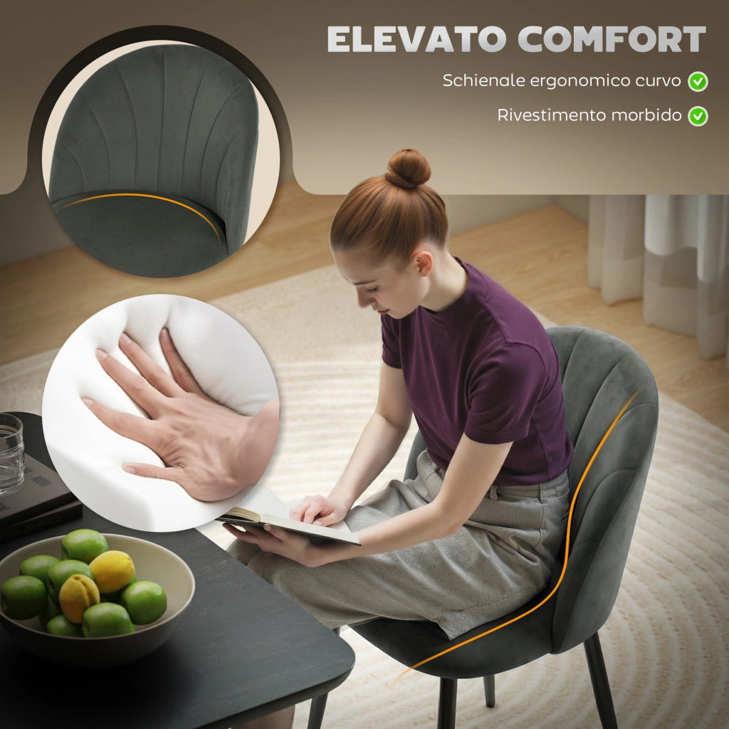 Set 2 Sedie da Pranzo Imbottite con Schienale a Conchiglia in Velluto, 52x55x79 cm, Grigio