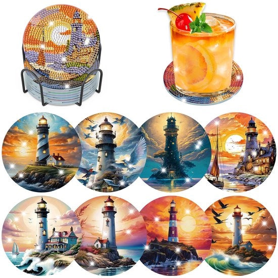 Set di 8 pezzi per Diamond Painting torre di guardia con supporto, paesaggio di Diamond Painting, immagini di Diamond Painting per adulti, sottosterza per Diamond Cup con gomma, set di creatività per adulti