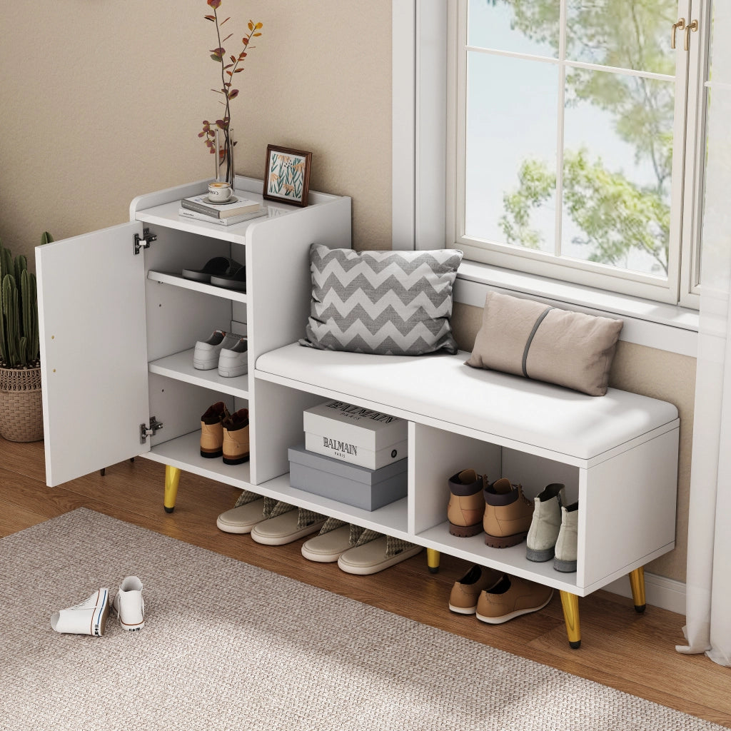 Scarpiera con 1 anta; 3 ripiani regolabili e panca imbottita - per ingresso - 120×35×71.5 cm - bianco
