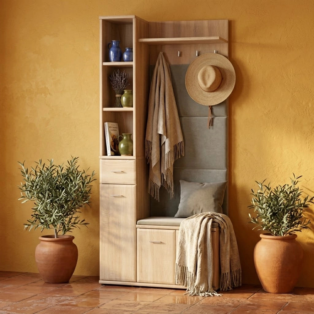 Mobile Ingresso Scarpiera Appendiabiti Imbottito Set Entrata Anta Colonna Vani Guardaroba Ganci Ripiani Contenitore Multifunzione Salvaspazio Per Corridoio Casa Design Moderno 90 x 32 x 203 Cm Rovere