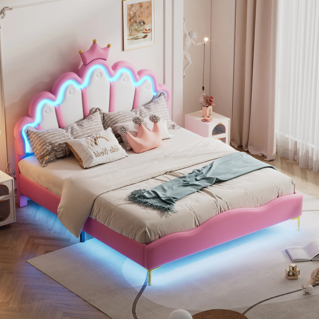 Letto Matrimoniale 140×200 cm con LED Regolabile e Testiera Regolabile; senza Materasso; PU; Rosa