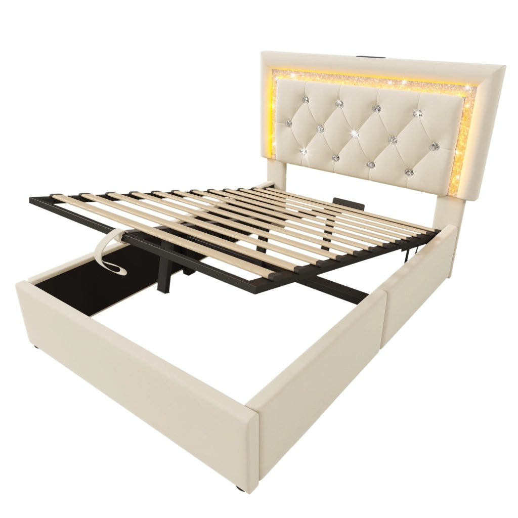 OKWISH Letto Singolo con Contenitore 90×200 cm con LED Regolabile, USB, Type C e Testiera, senza Materasso, in Velluto, Beige