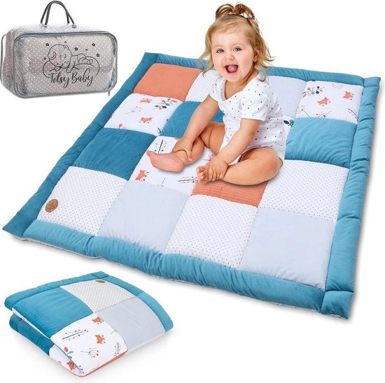 Coperta per pavimento, 100 x 100 cm, velluto, coperta per pavimento spessa, patchwork, tappeto con cuscino, coperta per pavimento con tasca, cotone con velluto, blu con volpe.