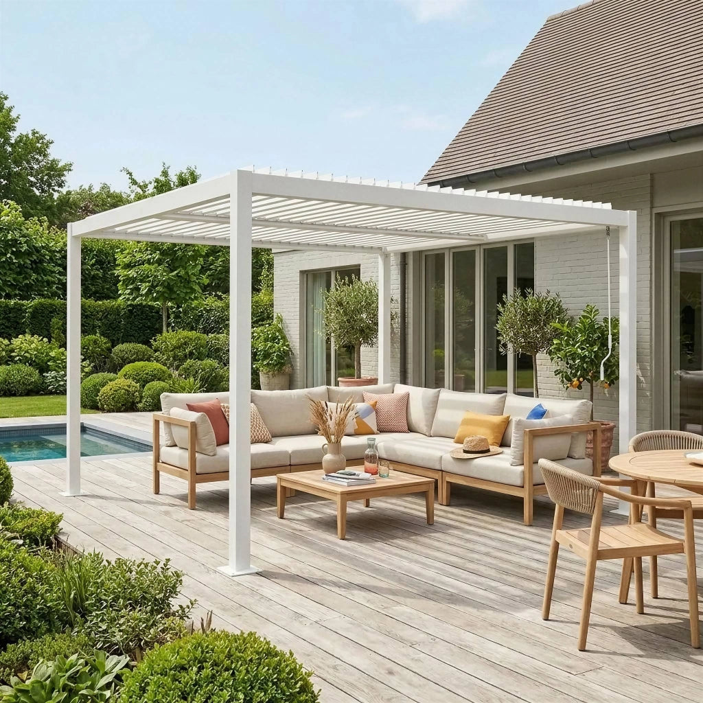 Pergola bioclimatica 3.6x3.6m in alluminio e acciaio con lamelle