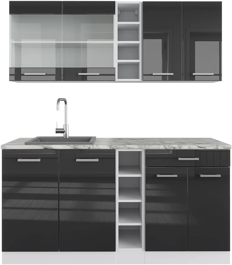 Cucina completa R-Line, Antracite lucido/bianco, 160 cm Senza piano di lavoro, con disposizione flessibile dei moduli ed espandibile