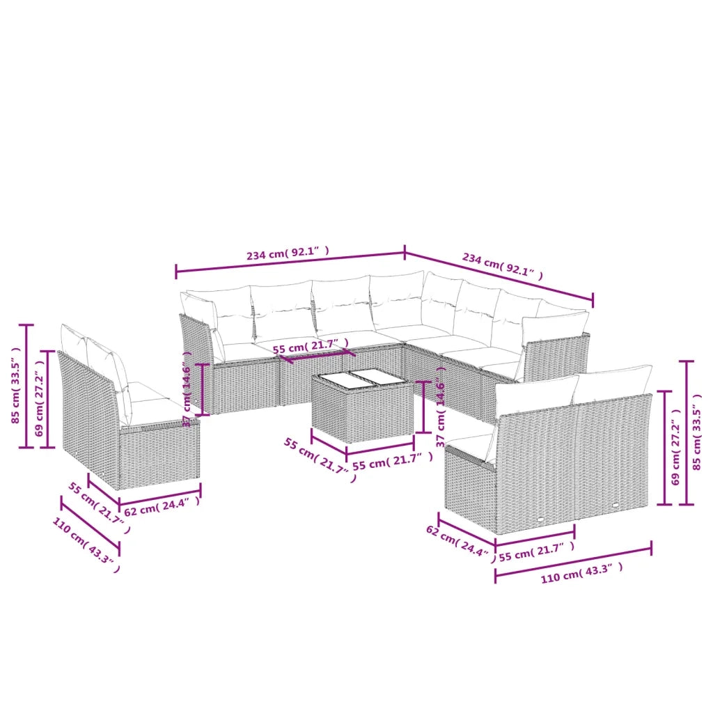 Set Divani da Giardino 12 pz con Cuscini Beige in Polyrattan