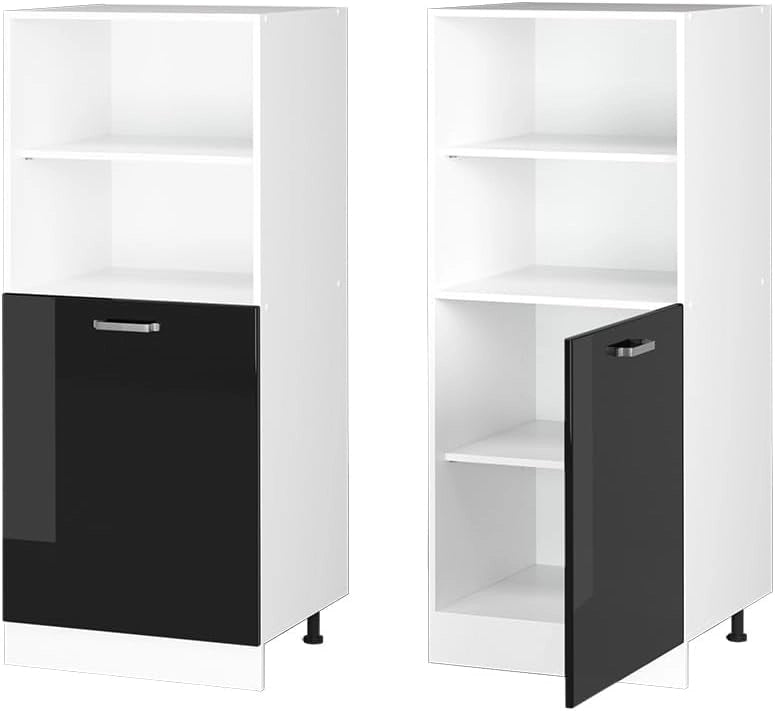 Dispensa universale R-Line, Nero lucido, 60 cm con ripiani aperti e anta, per la conservazione di utensili domestici e per la pulizia