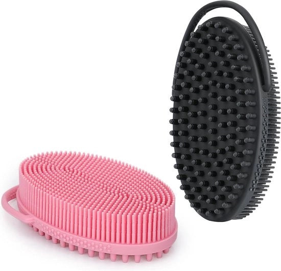 Kit di 2 borsette per corpo in silicone - Maniglia integrata - Borsetta da doccia a doppia faccia - Schiuma per corpo - Exfoliante per pulizia profonda - Massaggio - Nero & Rosa