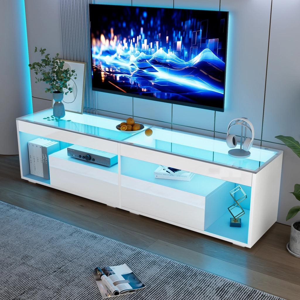 Mobile porta televisore bianco lucido con illuminazione regolabile e due cassetti capienti