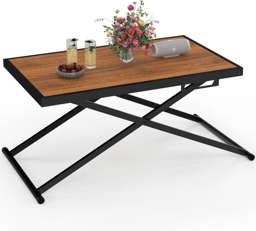 Tavolo da Giardino Olie 100 cm Regolabile in Altezza a 3 Posizioni in Metallo Nero con Piano in Legno