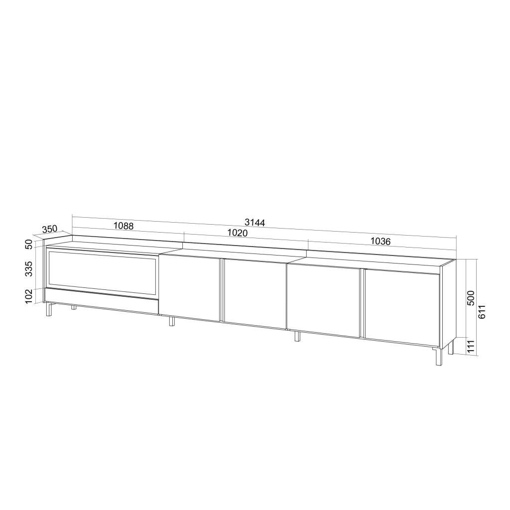 Mobile TV Soggiorno, 315x61x35 cm, Per TV fino a 80", Camino elettrico XXL, Design industriale, LED, Rovere scuro e Nero