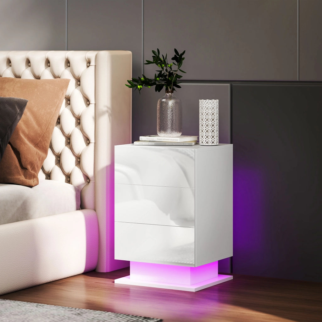 Comodino con LED RGB e 3 Cassetti ¨C Zephmum ¨C Bianco Lucido 40x35x60 cm