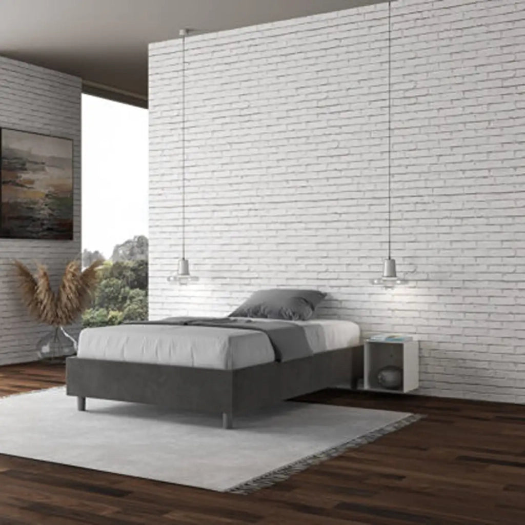 Letto matrimoniale francese con rete imbottito 140x200 microfibra grigio Azelia