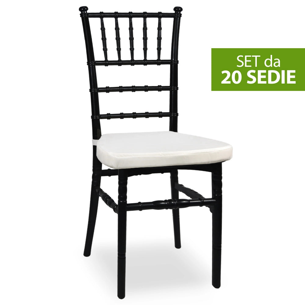 Set da 20 Sedie Chiavarine Plastica nere con cuscino antiscivolo bianco