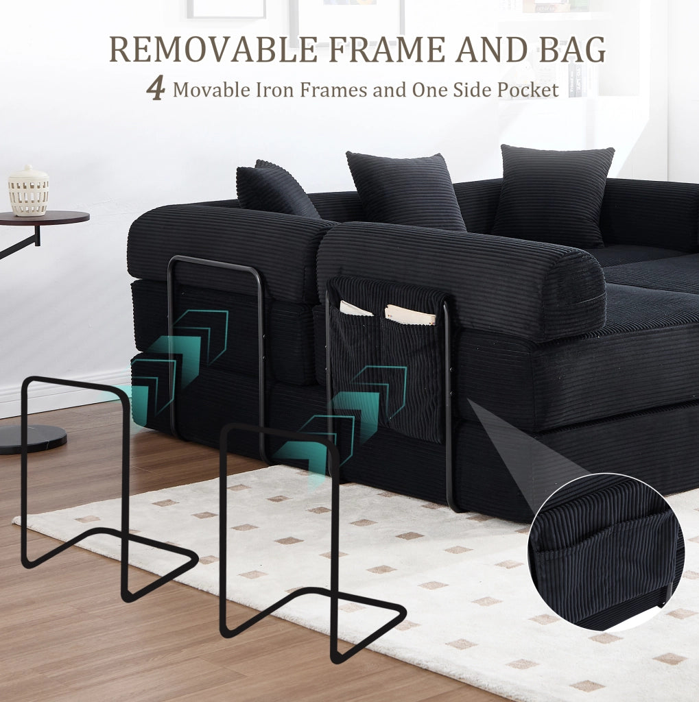 Divano modulare 270x180x64 cm trasformabile in letto con tasca laterale in velluto a coste nero