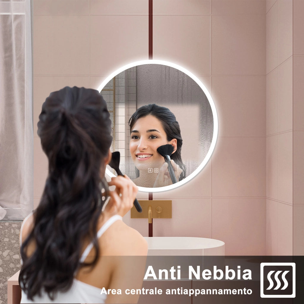 AICA Specchio da bagno 70 x 70 cm, blue tooth, 3 colori, antiappannamento, dimmerabile, interruttore touch, Funzione Memoria