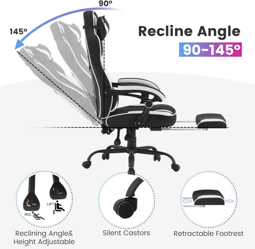 Sedia Gaming Ergonomica | Tessuto Traspirante Fresco D'estate | Schienale Regolabile Poggiapiedi | per Gaming Ufficio Relax | Sedile ampio e comodo per Persone di Taglia Grande | Nero+Bianco