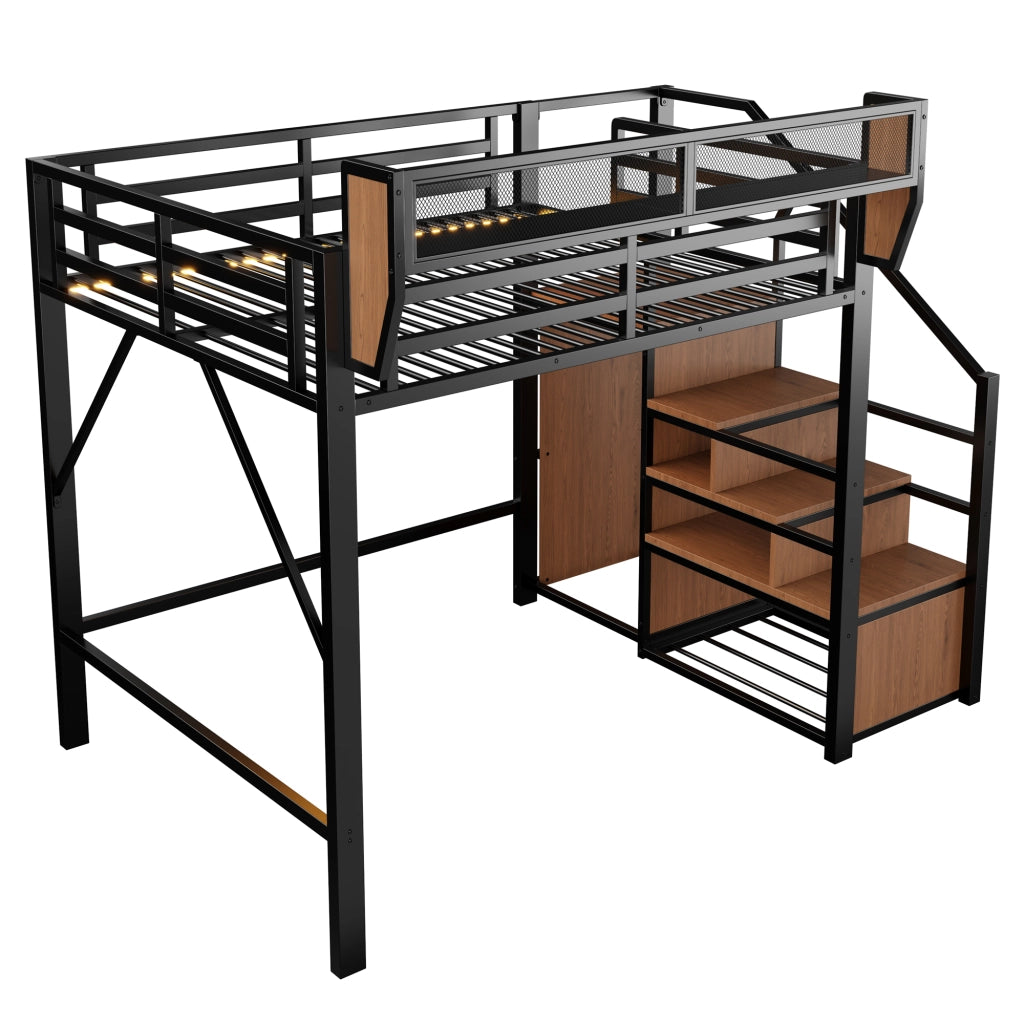 Letto a Soppalco 140x200 in Metallo con Luci LED; Scala di Sicurezza e Ripiani; Nero