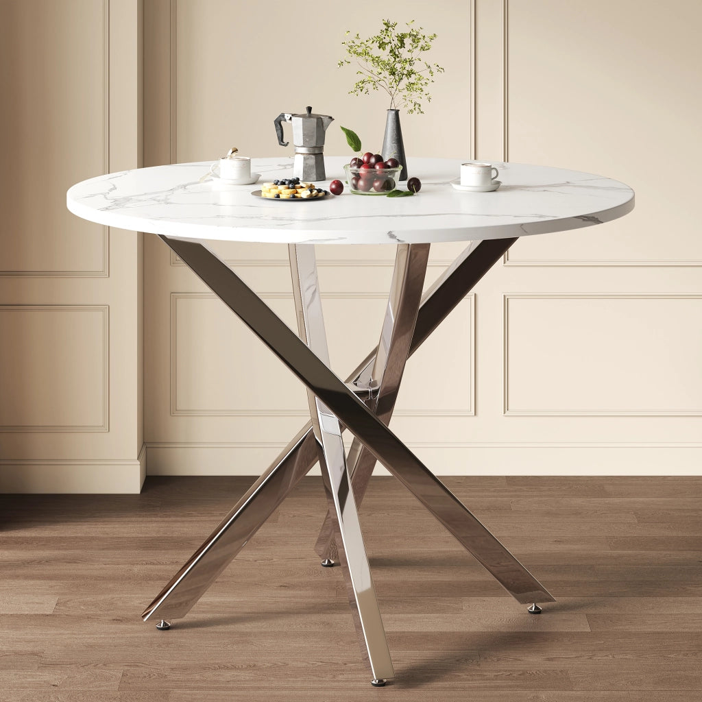 Tavolo da pranzo rotondo con piano effetto marmo e gambe cromate per cucina e soggiorno bianco argento 80 × 80 × 75 cm