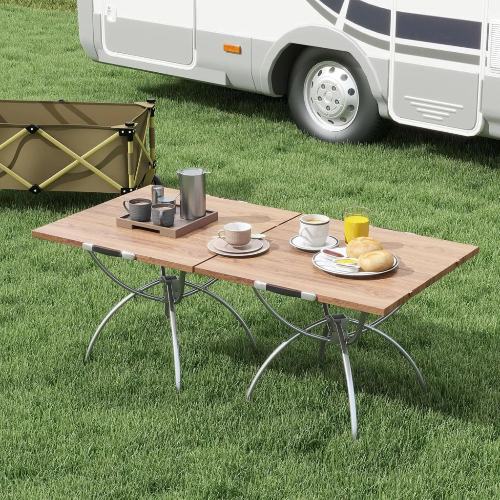 Tavolo da campeggio in alluminio, tavolo da picnic pieghevole da 2 pezzi, design estensibile, piano in legno venato, con borsa per il trasporto, cuscinetti antiscivolo per piedi