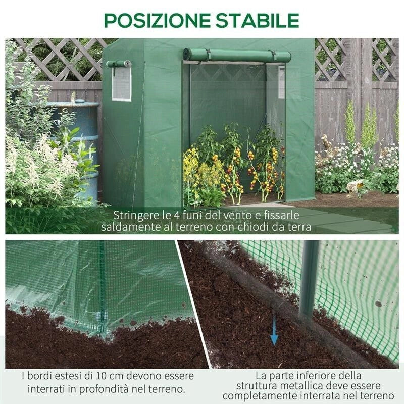 SERRA DA GIARDINO IN PE E ACCIAIO CON 4 PICCHETTI, 2 FINESTRE E COPERTURA RINFORZATA, 200X77X148-169CM