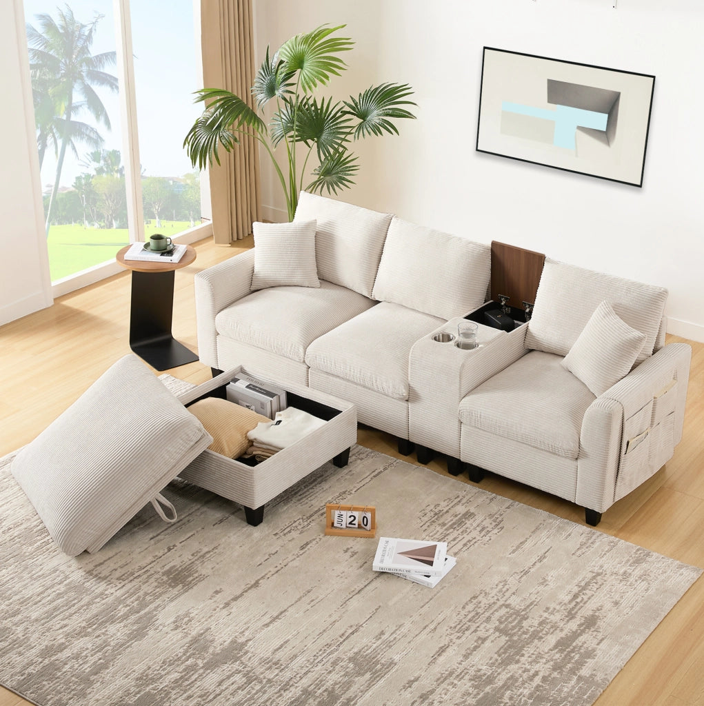Divano angolare modulare 4 posti con console; 2 portabicchieri; 2 porte USB; pouf e cuscini in velluto a coste beige