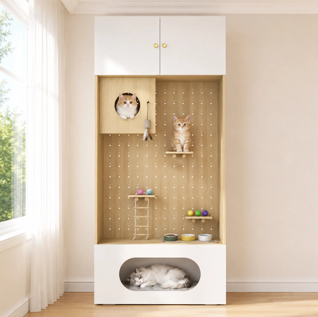 Mobile per gatti con parete da arrampicata; cuccia; cuscino e vano contenitore; 90x50x200 cm