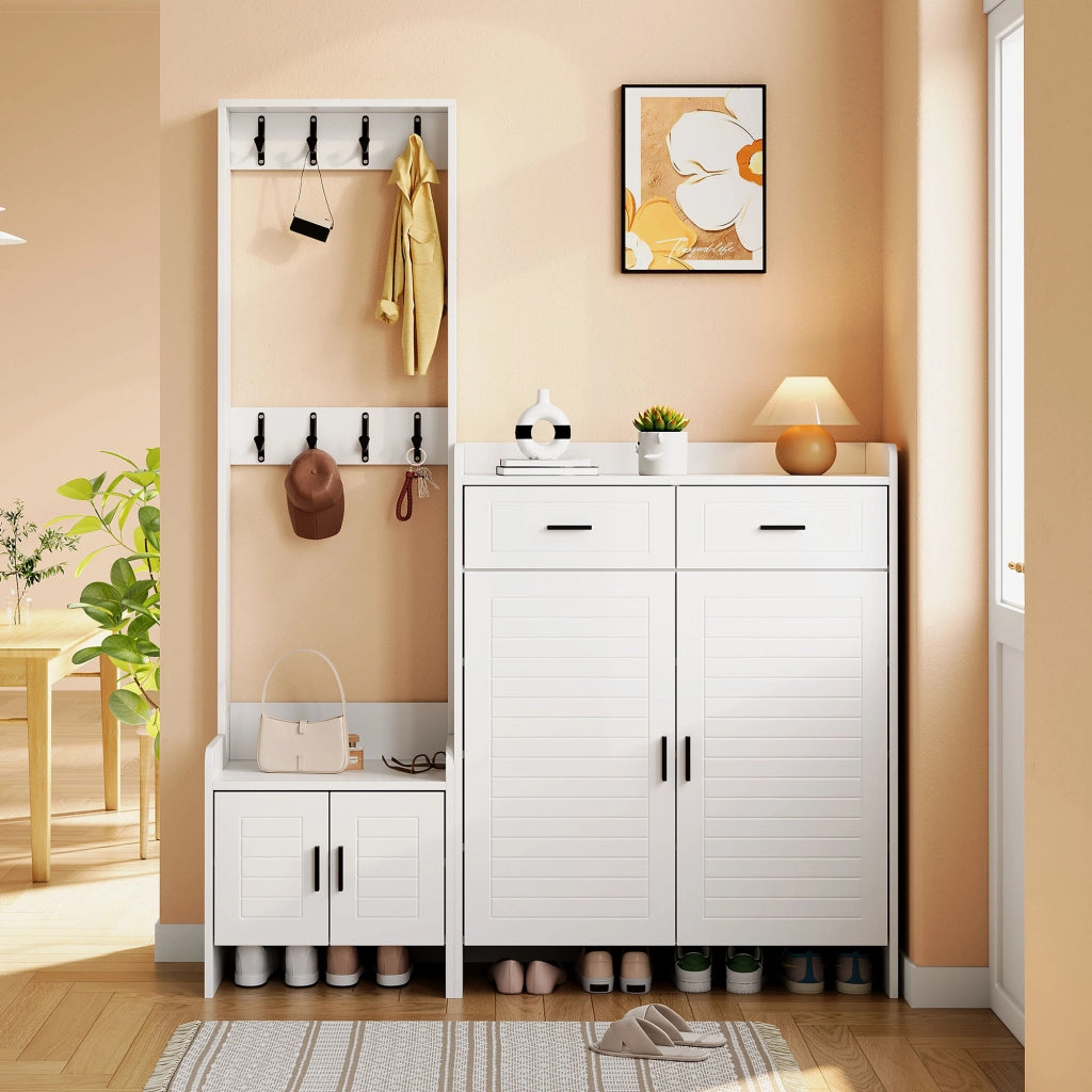 Mobile ingresso con 2 cassetti; 2 ante; 6 ripiani e 8 ganci; con vano aperto; per ingresso e corridoio; bianco; 125 Ã— 36 Ã— 165 cm