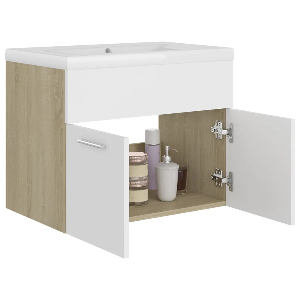 Mobile da Bagno con Lavabo Bianco e Rovere Sonoma in Truciolato 3070825