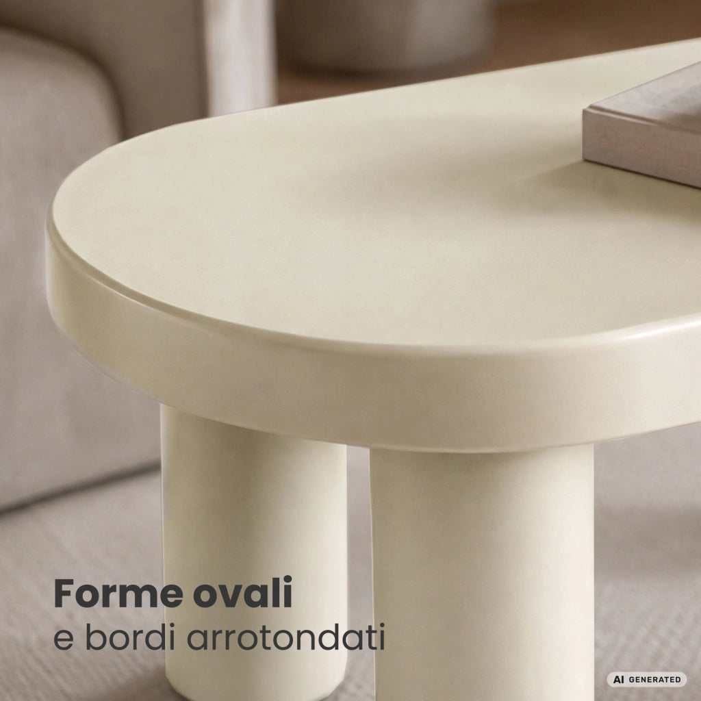 Tavolino da salotto ovale MATE 85 cm crema con quattro gambe cilindriche